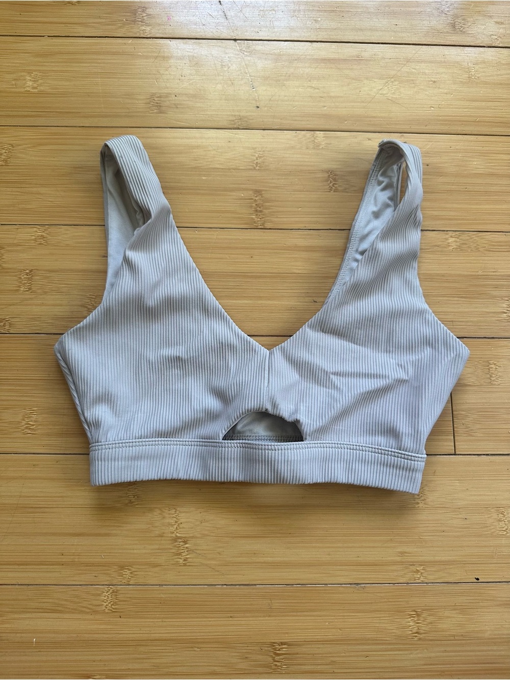 Ribbed Light Gray V-Neck Bralette with Front Cutout
